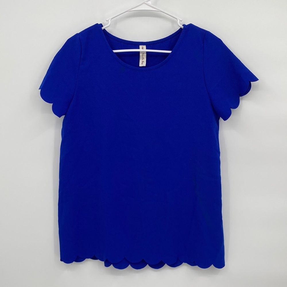 Vanilla Bay Stretch Round Neck Short Sleeve Scalloped Trim Blouse Blue Small